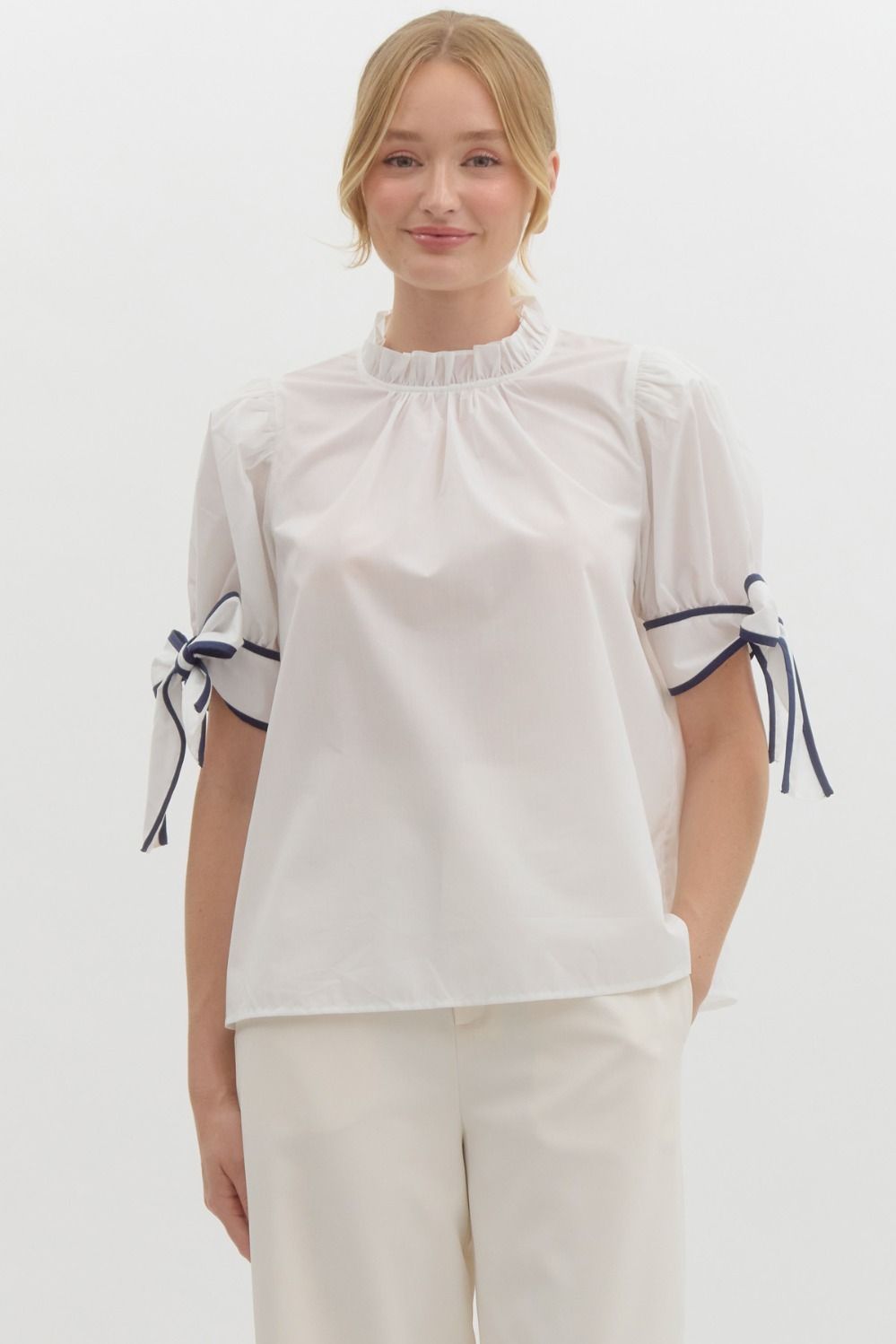 Bow Tie Sleeve Mock Neck Blouse