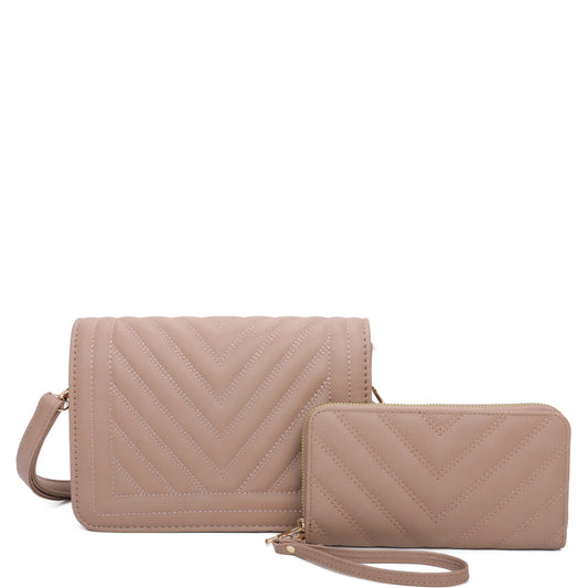 Puffy Chevron Crossbody Bag + Wallet Set