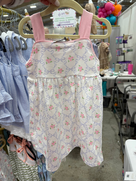 Pink Floral Blue Bow Dress