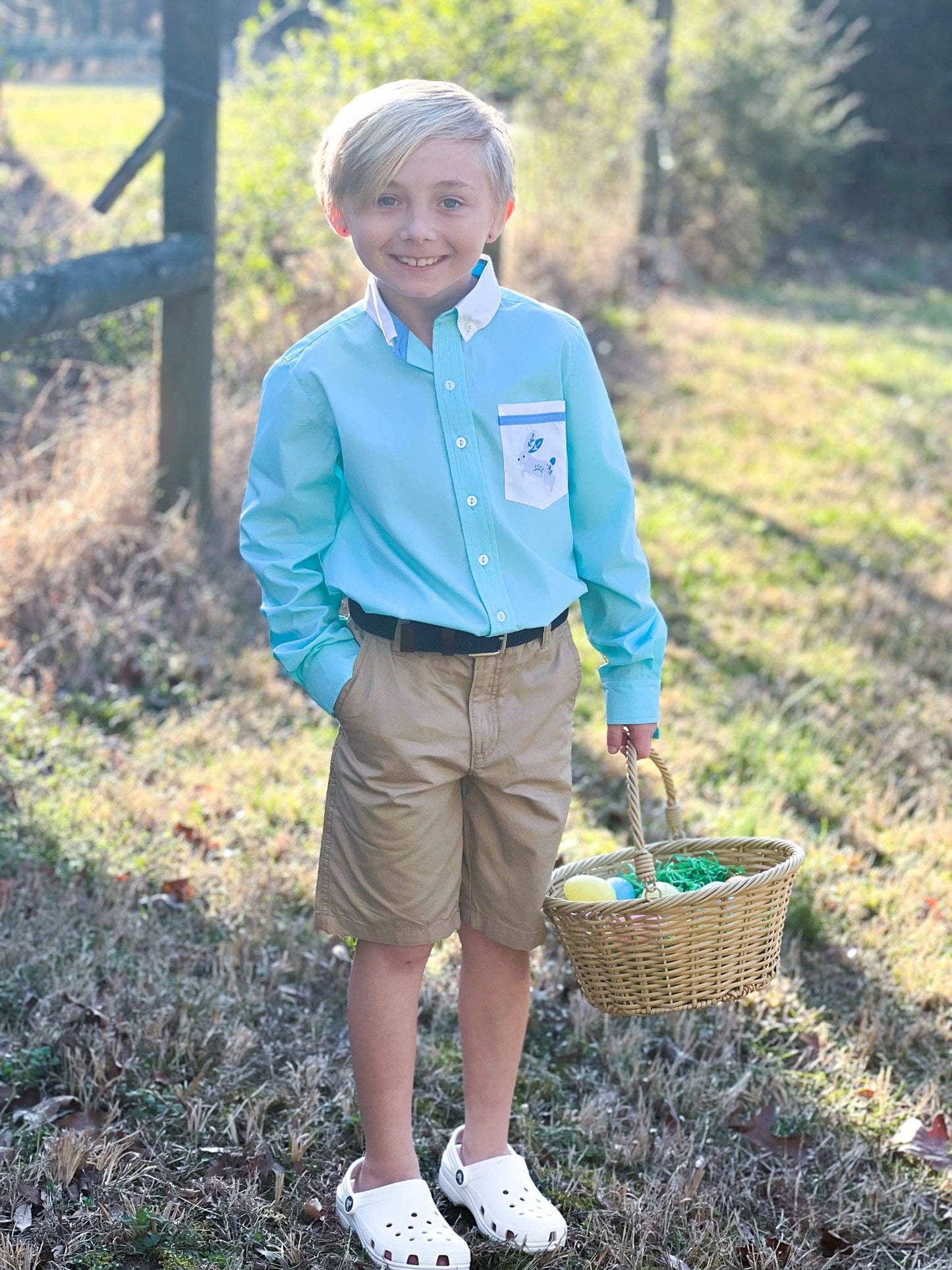 Boys' Embroidered Bunny Pocket Collared Shirt