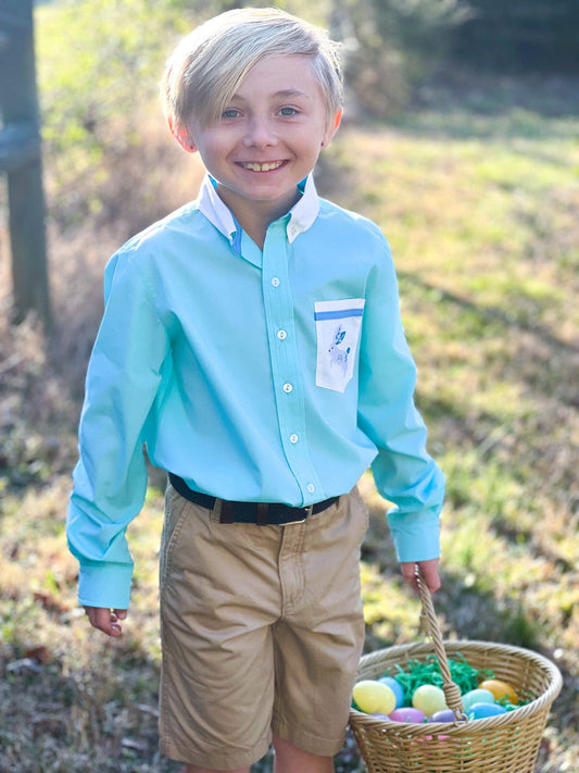 Boys' Embroidered Bunny Pocket Collared Shirt