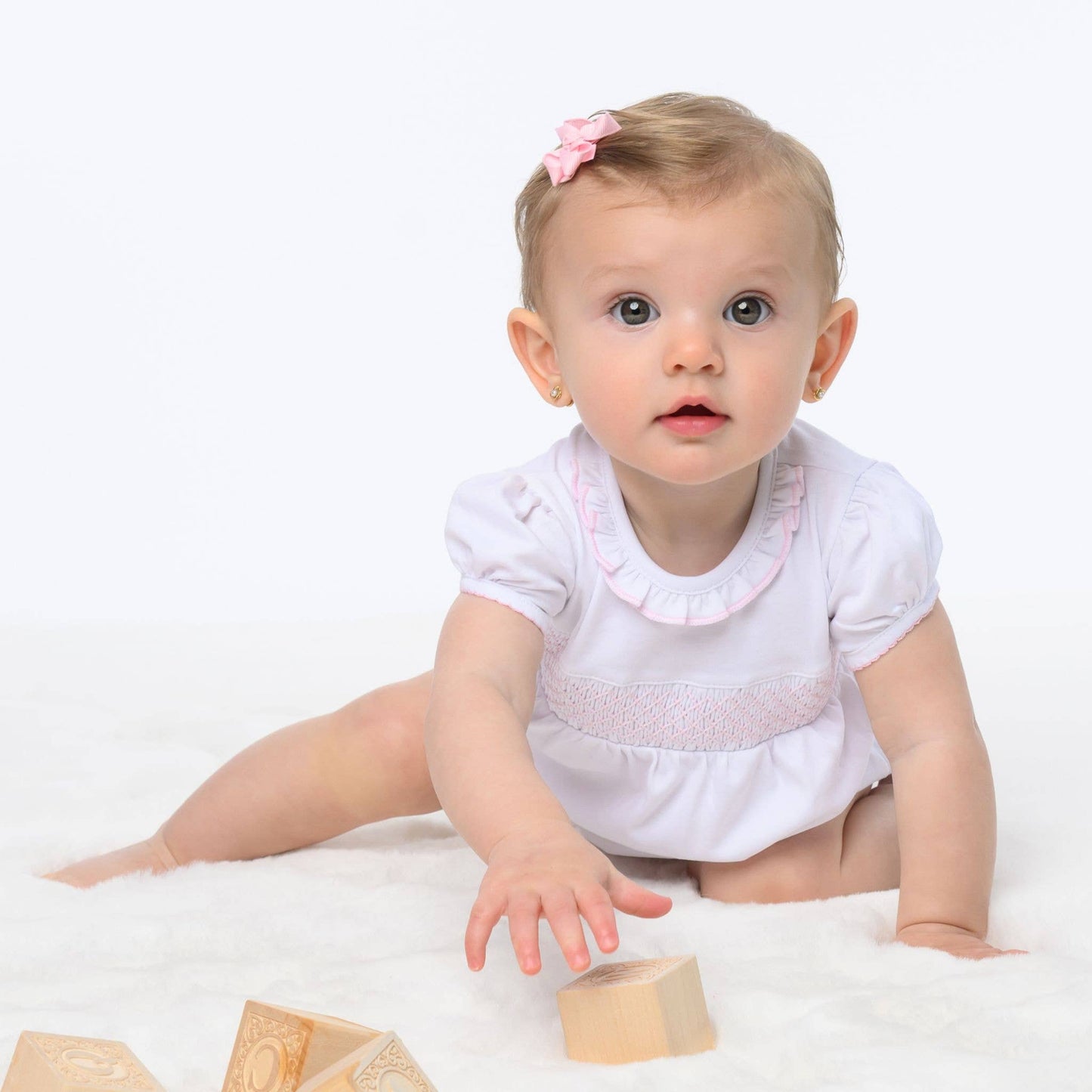 Essentials Solid Smocked Bubble - White Pink