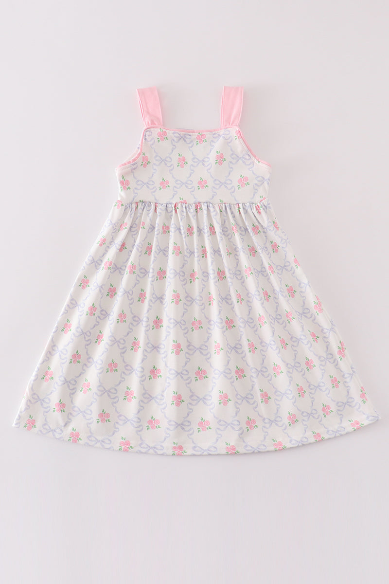 Pink Floral Blue Bow Dress