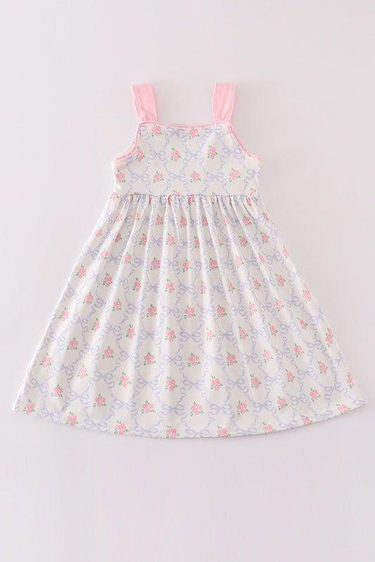 Pink Floral Blue Bow Dress