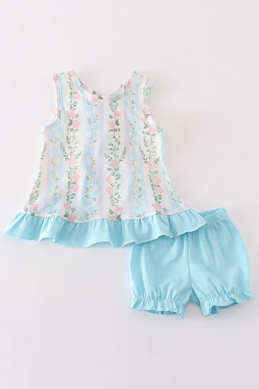 Blue Floral Print Ruffle Bloomer Set