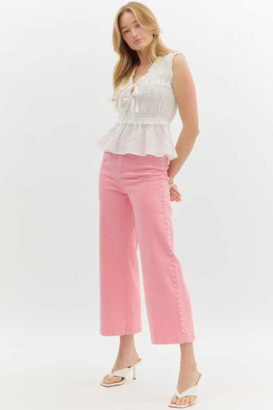 Pink Denim Pants with Pearl detail