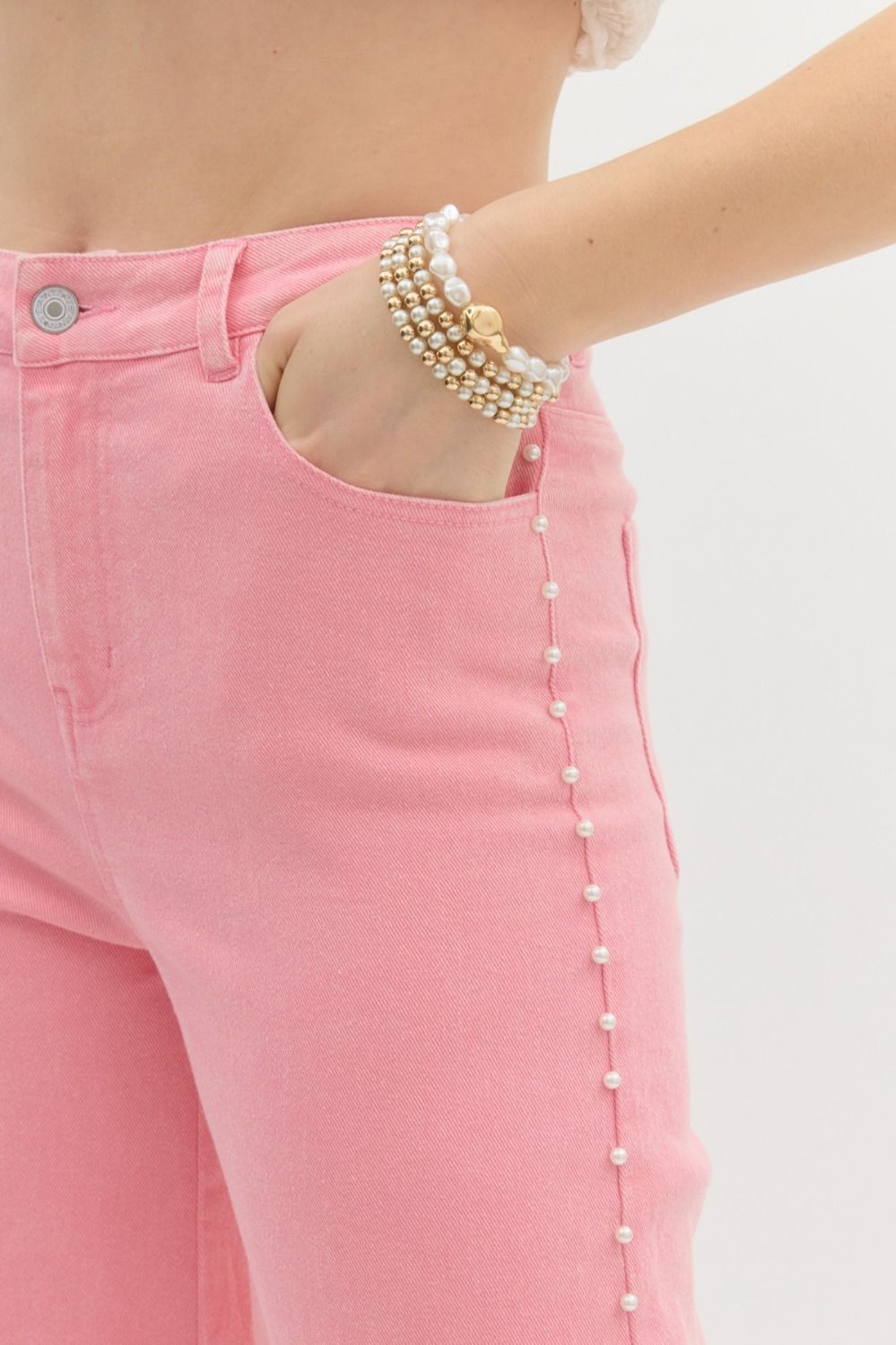 Pink Denim Pants with Pearl detail