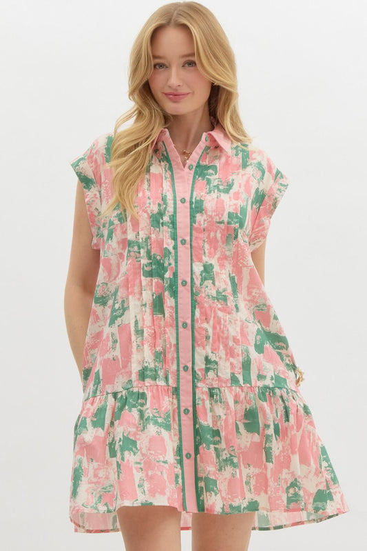 Green/Pink/White pocketed cap sleeve dress
