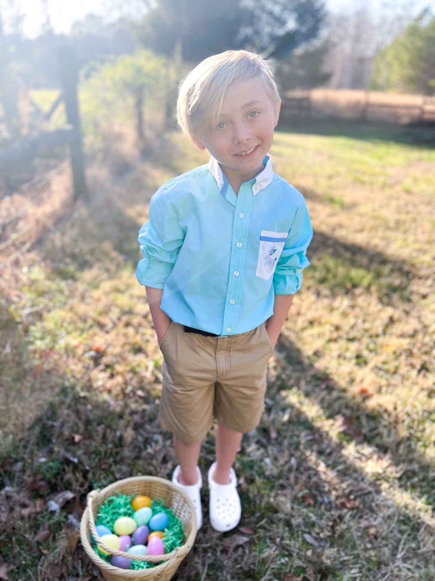 Boys' Embroidered Bunny Pocket Collared Shirt