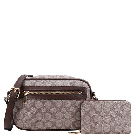 2 in 1 Oval Printed Side Zip Crossbody + Wallet Set