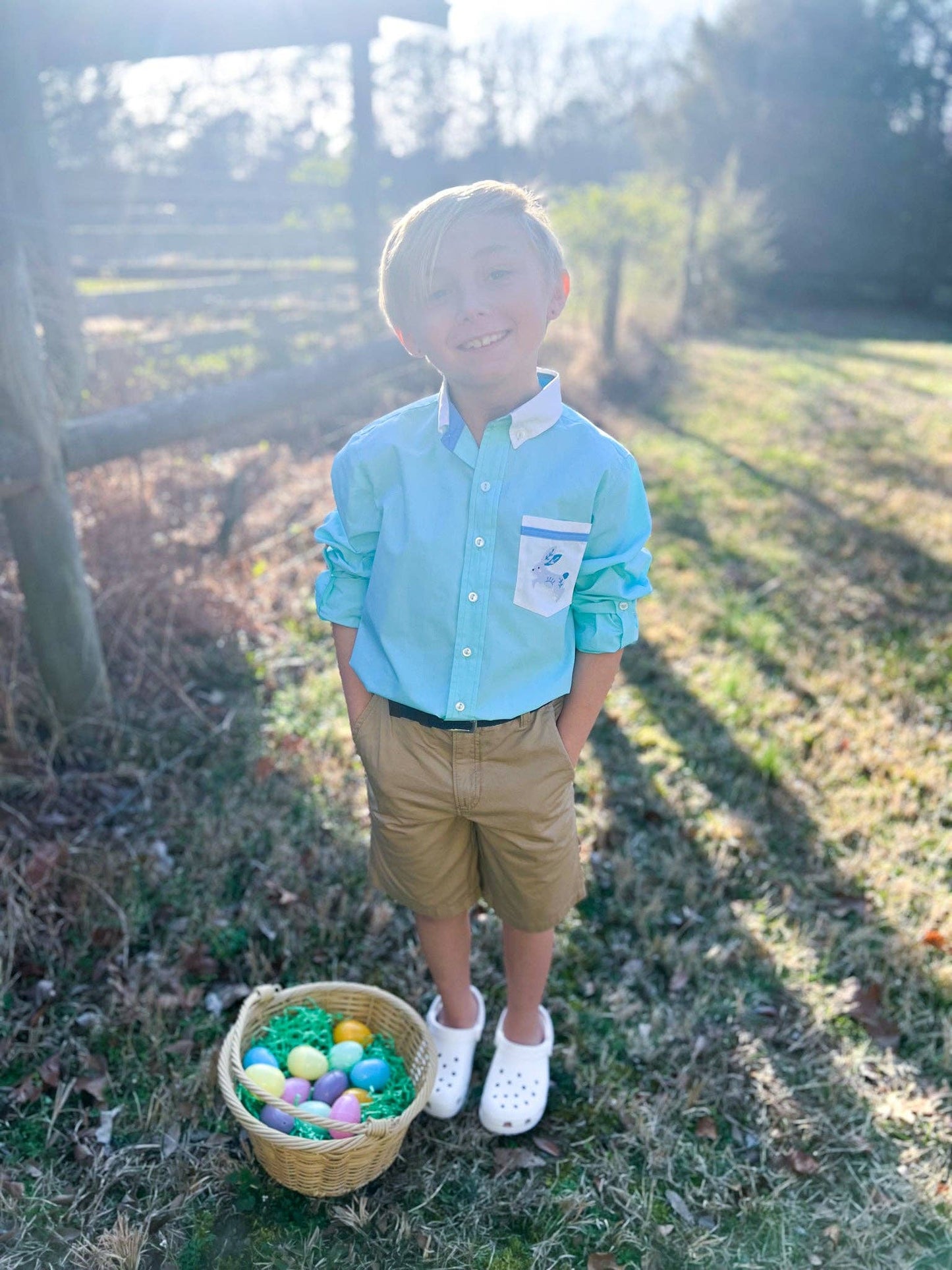 Boys' Embroidered Bunny Pocket Collared Shirt