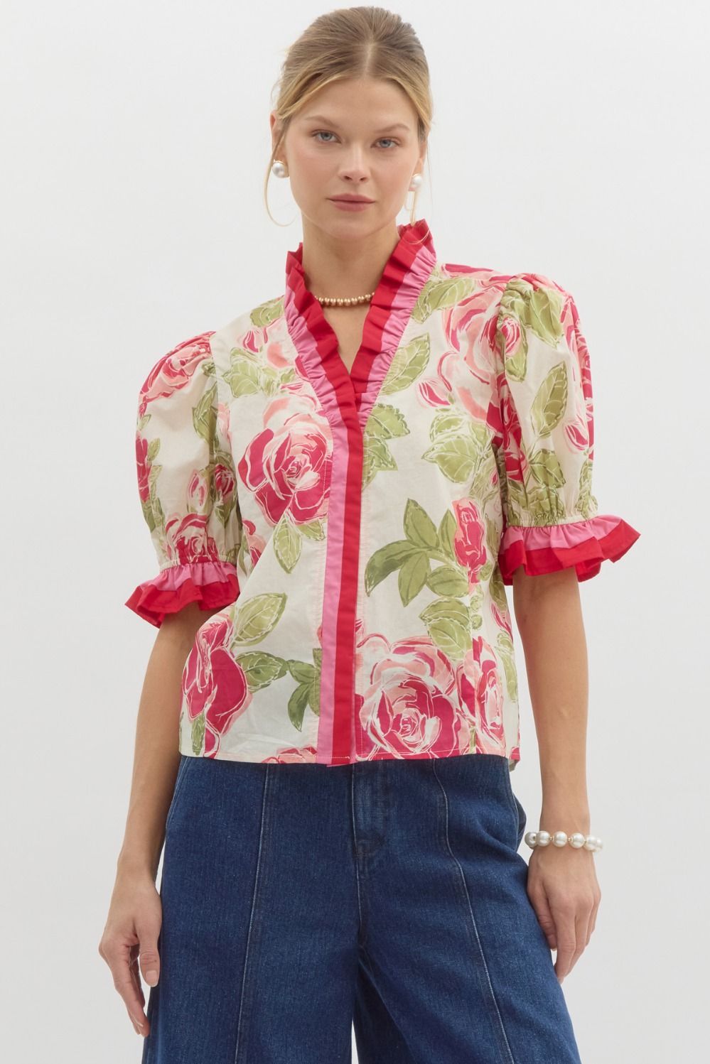 Cream Pink Floral Blouse