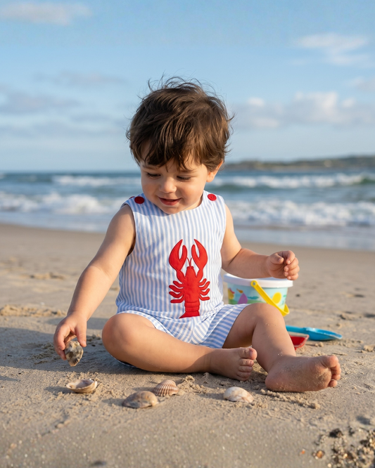 Blue Striped Crawfish Applique Shortalls