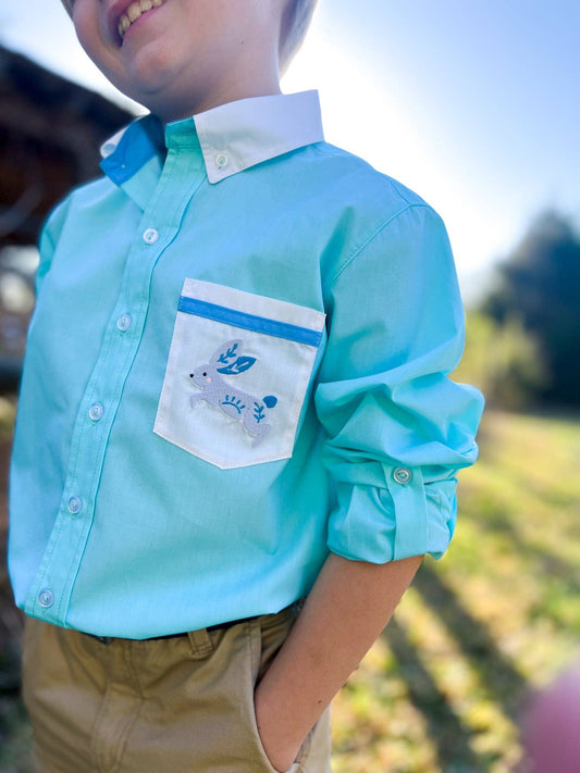 Boys' Embroidered Bunny Pocket Collared Shirt