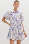 White & Blue Floral Bubble Sleeve Dress