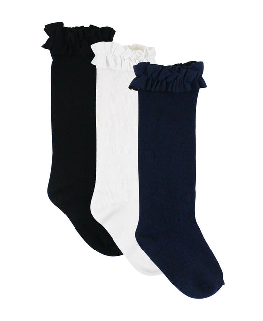 Girls Black White & Navy 3pk Knee High Ruffle Socks