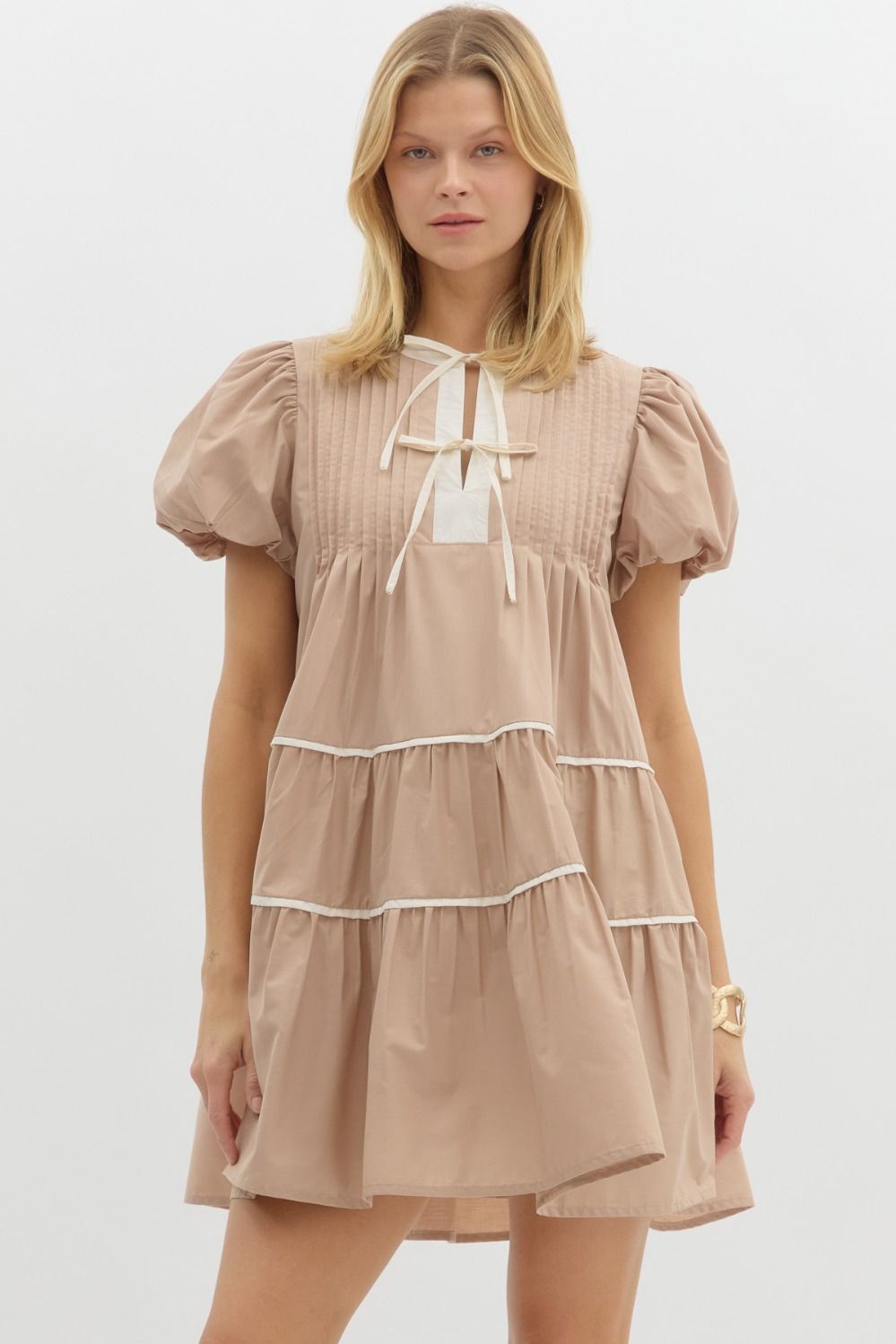 Latte Bubble Sleeve Dress with Bow Front Ties