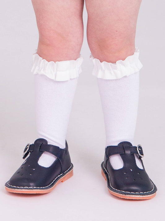 Girls Black White & Navy 3pk Knee High Ruffle Socks