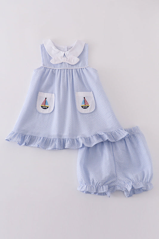 Blue Sailboat Embroidered Bloomer Set