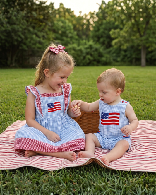 Blue Gingham American Flag Ruffle Dress