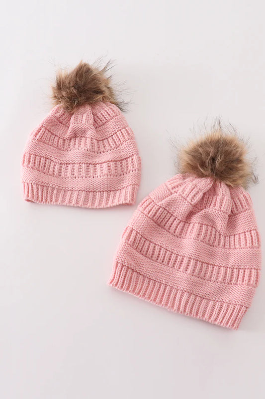 Pink Pompom Knit Beanie