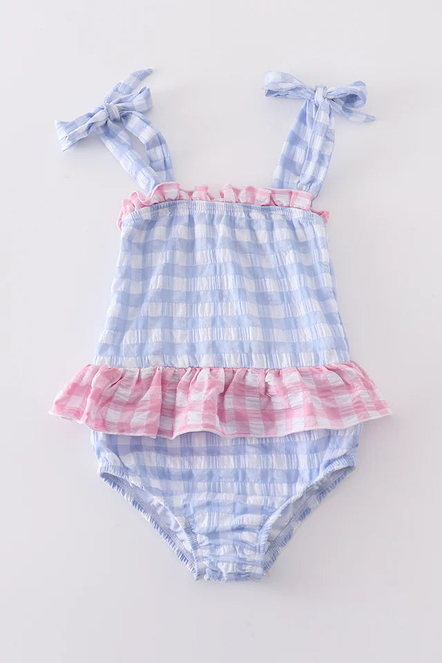 Girls Seersucker Gingham One Piece Swimsuit