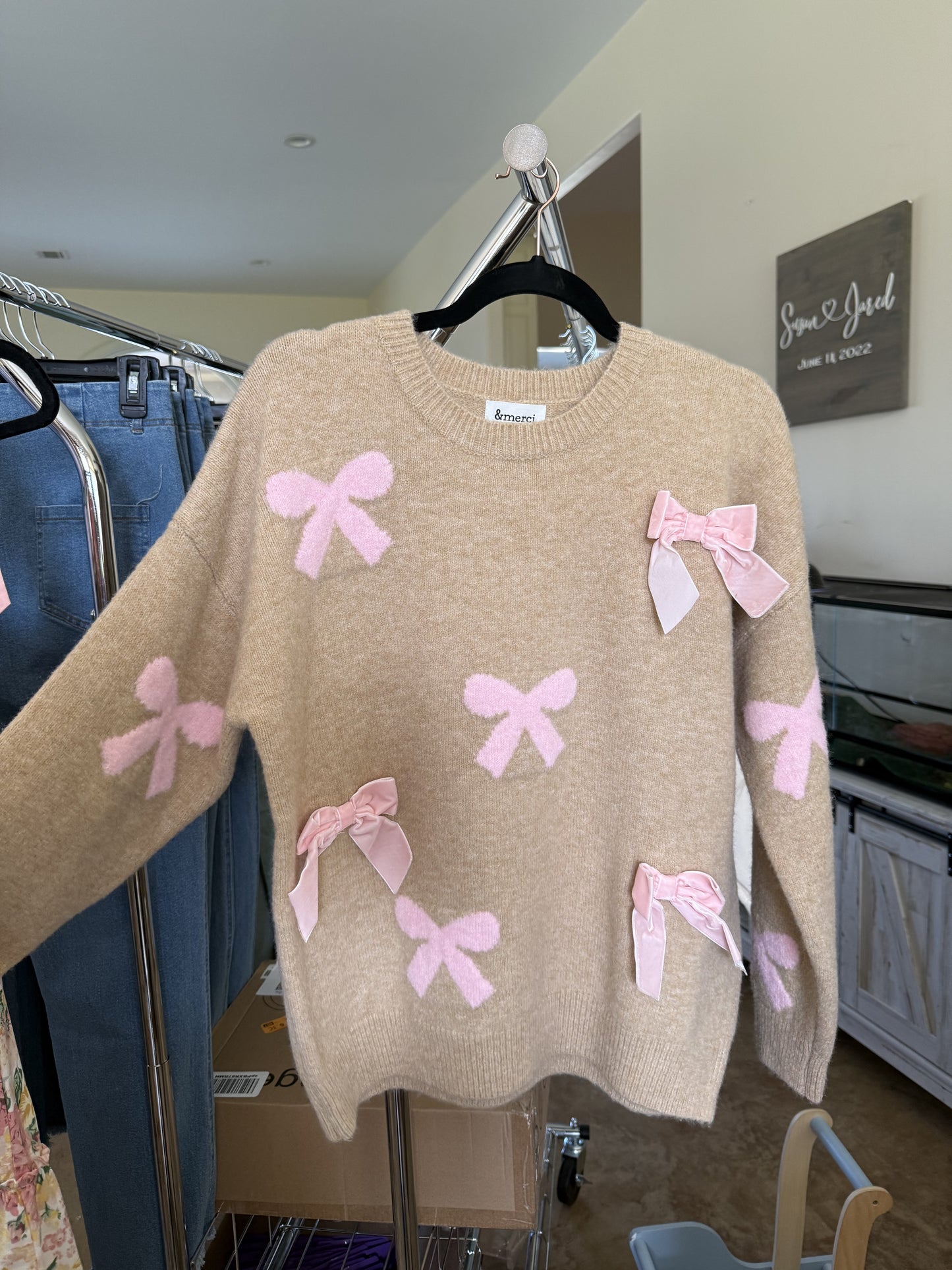 Tan Sweater with Pink Bow Detail
