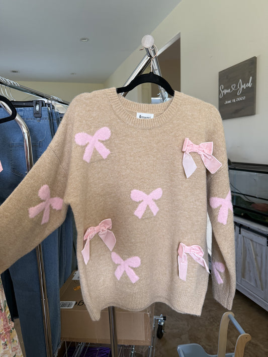 Tan Sweater with Pink Bow Detail