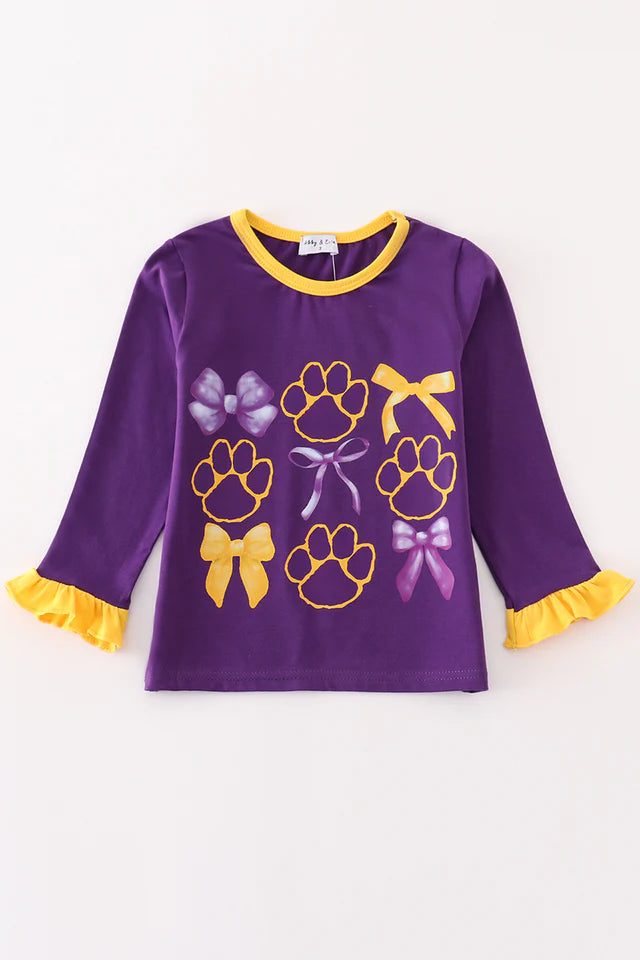 LSU Long Sleeve Bow/Paw Print Top