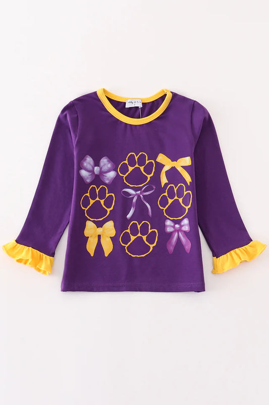 LSU Long Sleeve Bow/Paw Print Top