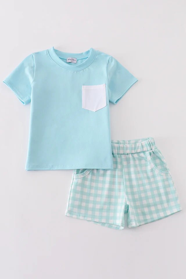 Blue Gingham boy short set