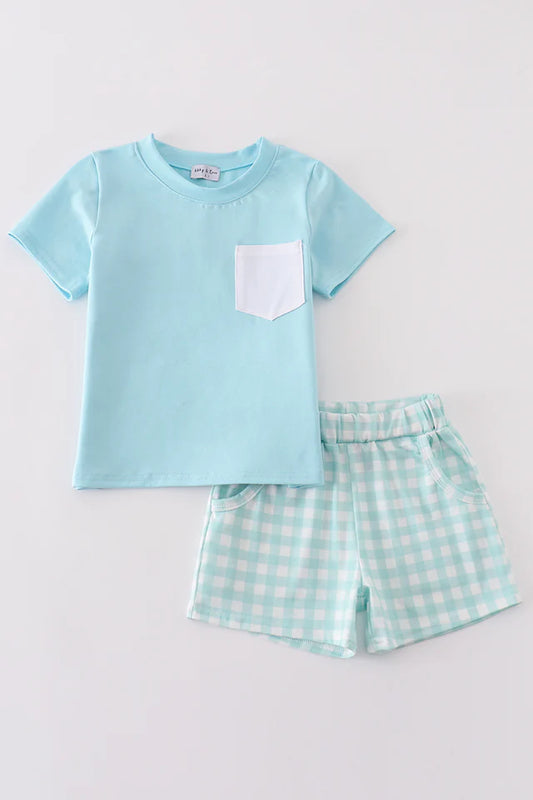 Blue Gingham boy short set