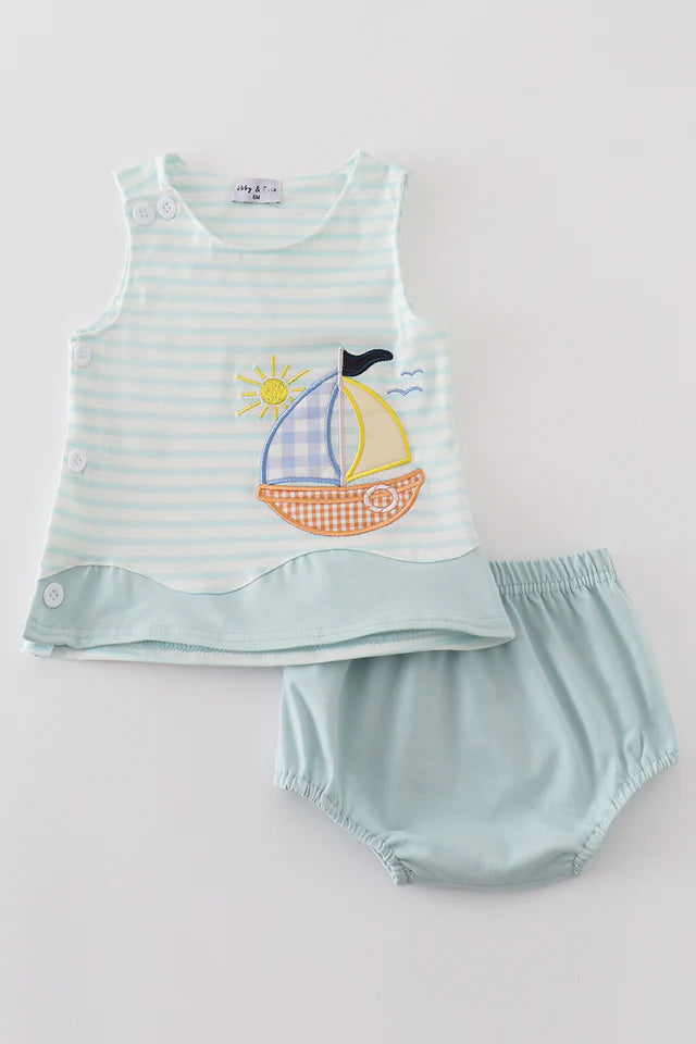 Blue Stripe Sailboat Embroidered Boy Bloomer Set