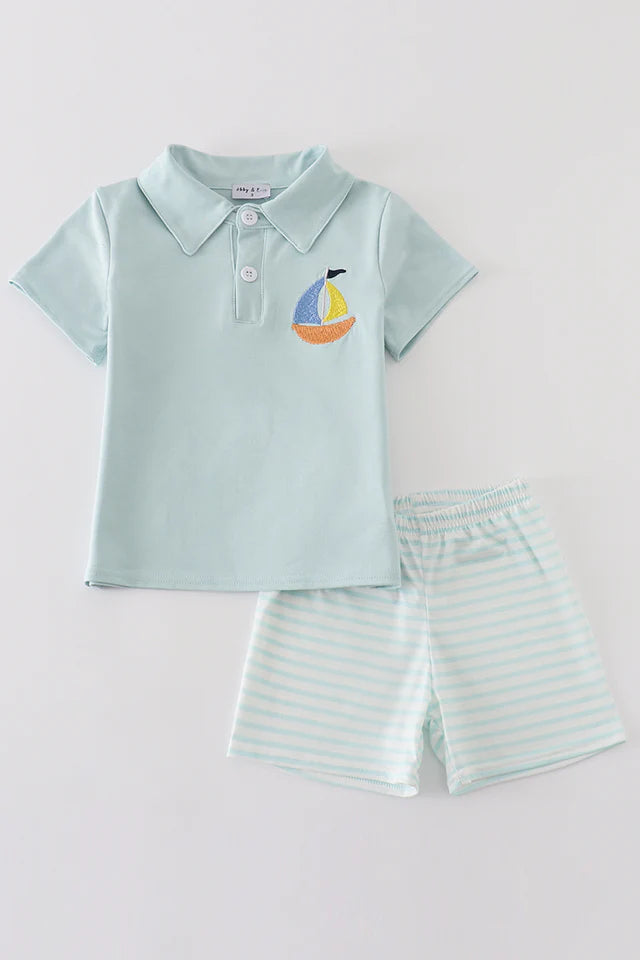 Blue Stripe Sailboat Embroidered Boy Set