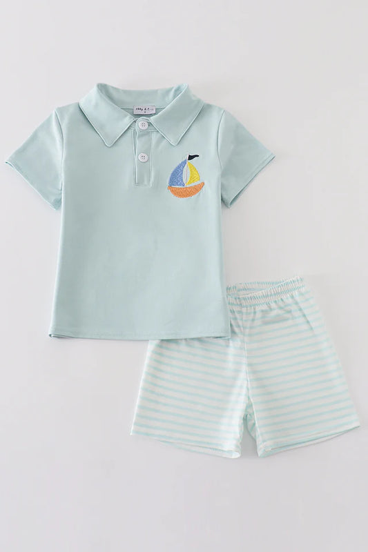 Blue Stripe Sailboat Embroidered Boy Set