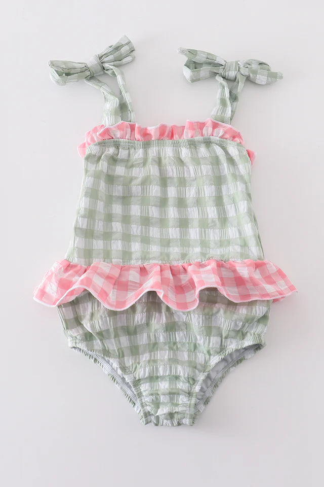 Girls Seersucker Gingham One Piece Swimsuit