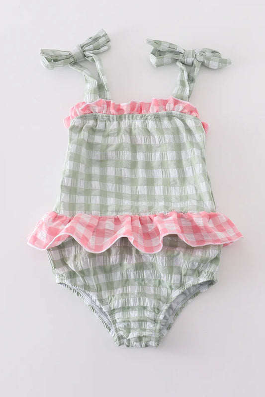 Girls Seersucker Gingham One Piece Swimsuit