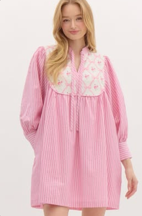 Pink Striped LS Dress w/ Bow Detail