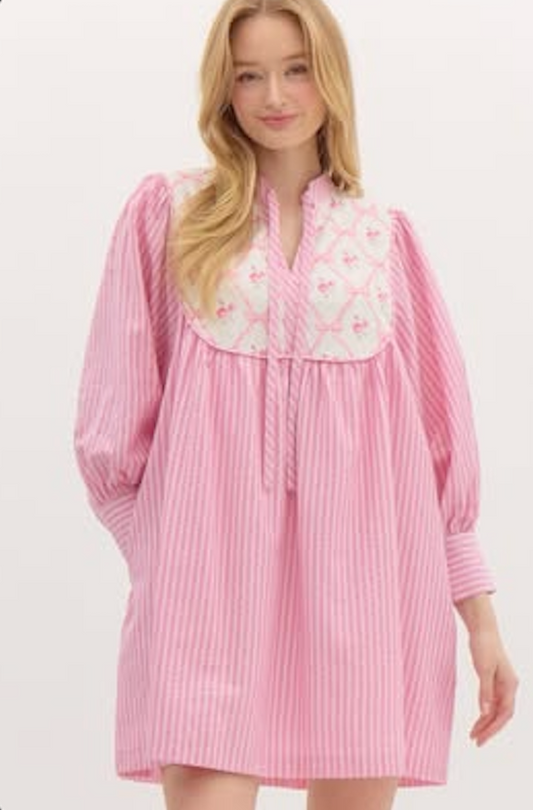 Pink Striped LS Dress w/ Bow Detail