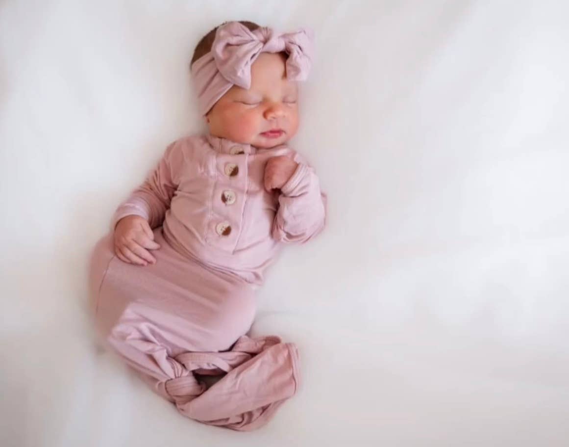 Newborn Knotted Baby Gown, Bow, Hat Set - Baby Clothes Girl