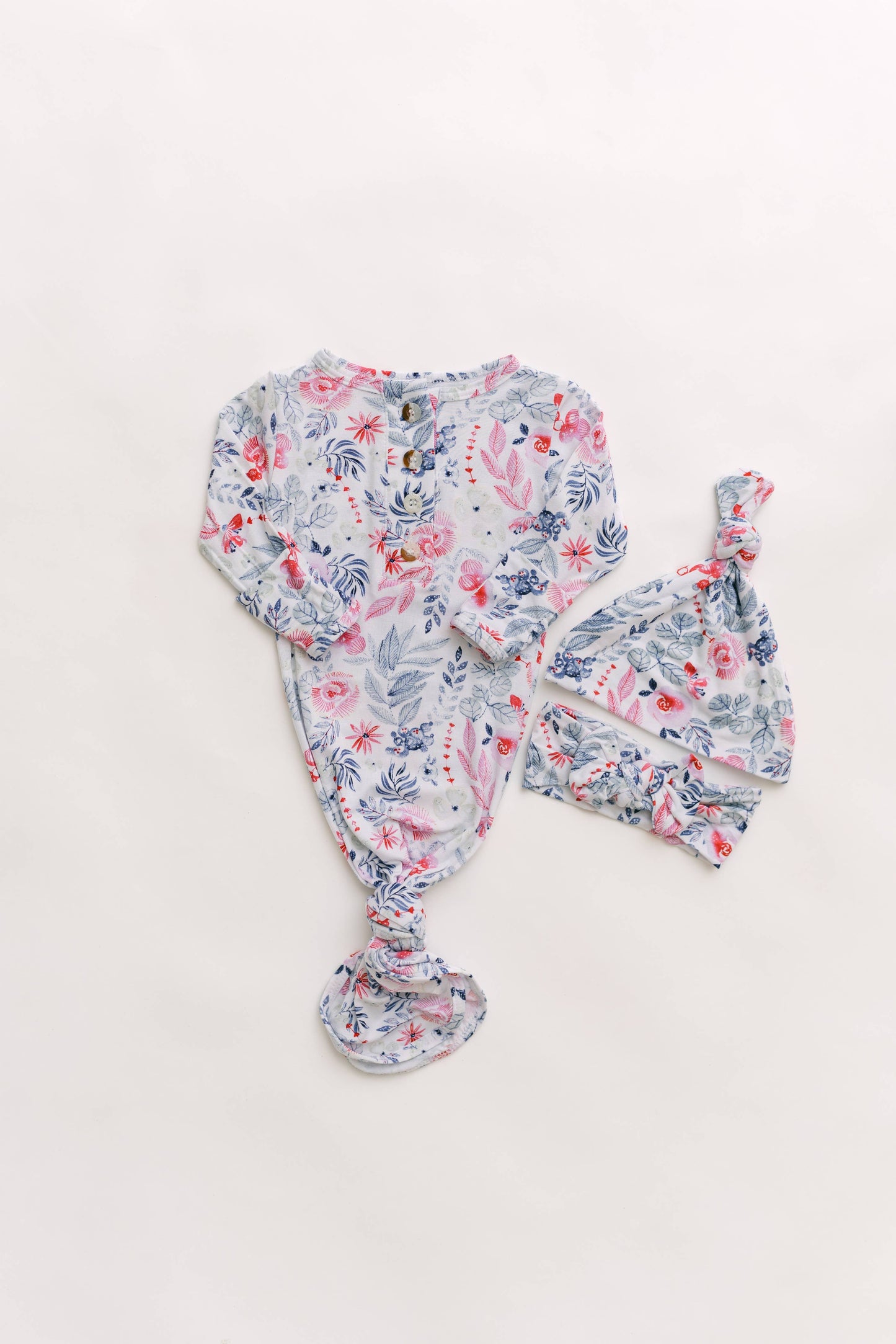 Newborn Knotted Baby Gown, Bow, Hat Set - Baby Clothes Girl
