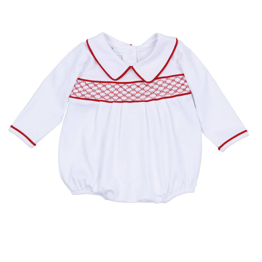 Red and White Essentials Smocked Long Sleeve Boy Bubble